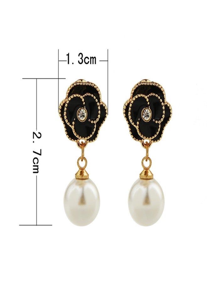 Glamtune Designer Faux Imitation Pearl Floral charm Dangle Drop Fashion Earrings Studs (Black) - Image 2
